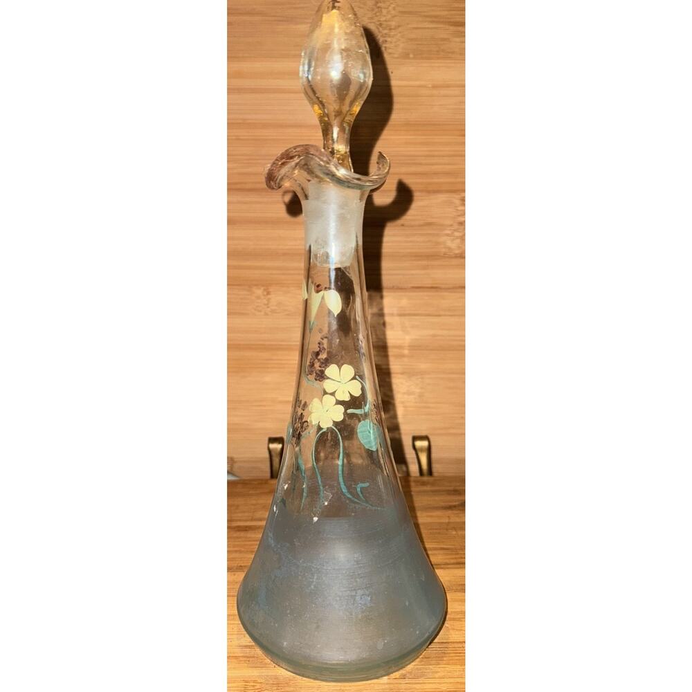 Antique Hand Blown Hand Painted floral Glass Bottle With Stopper 8 Inches